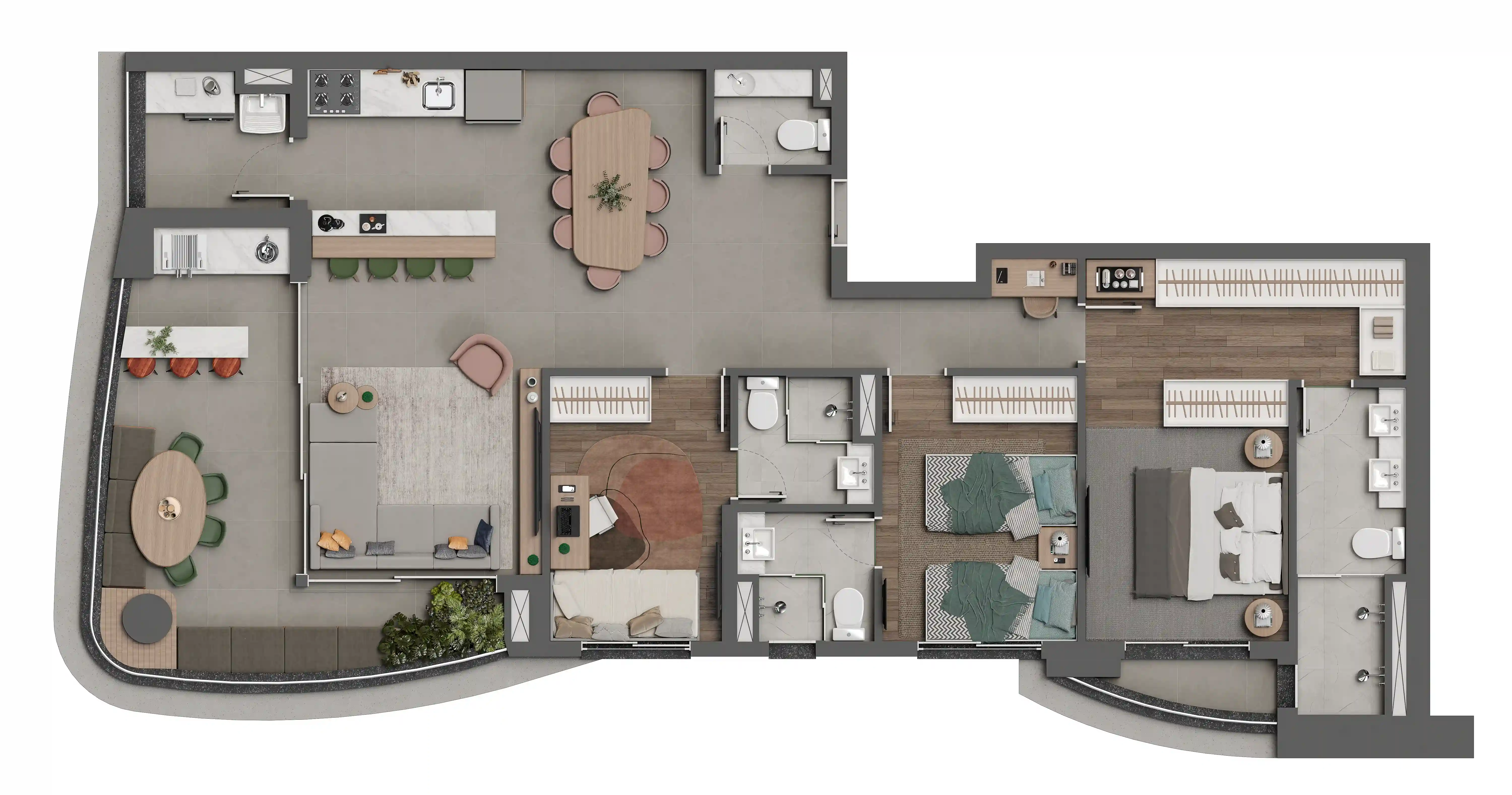 Planta Tipo 118m² - 3 suítes com closet na master